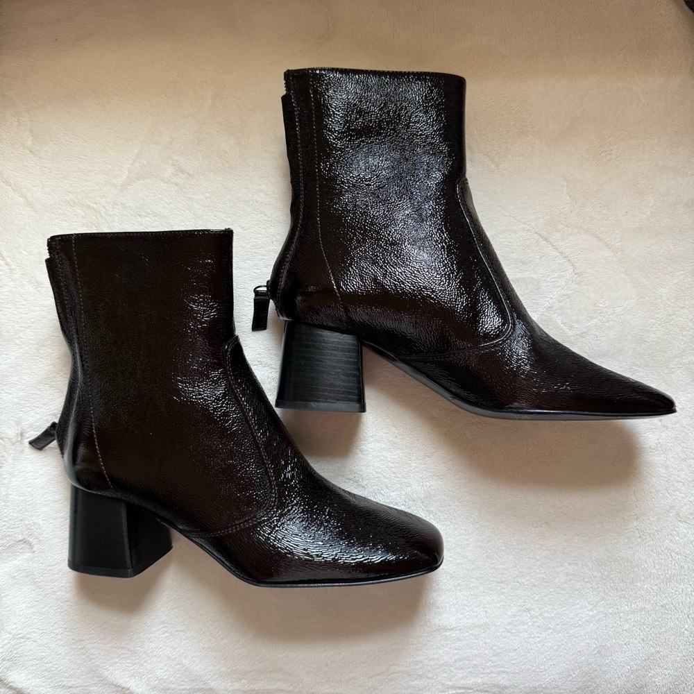Sandro Paris Glossy Patent Leather Ankle Boots Brown Size 36 Block Heel
